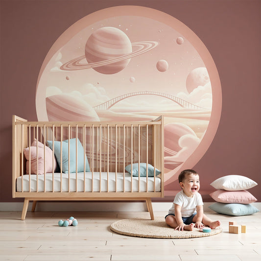 Kids-Mundo pink space wall mural in a nursery, showing a glowing portal with planets and clouds