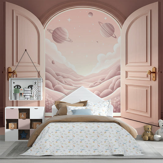 Kids-Mundo open doors pink planet mural styled on a bright kids bedroom wall