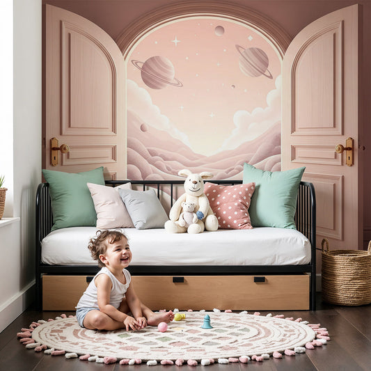 Kids-Mundo pink planet valley wall mural with open doors in a soft nursery bedroom