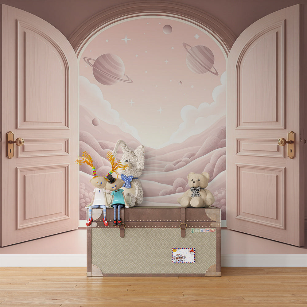 Kids-Mundo pink planet valley wallpaper design shown in a cosy playroom setting