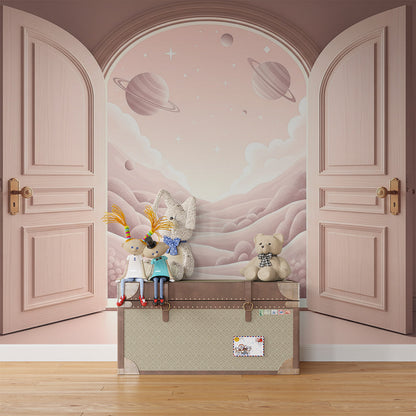Kids-Mundo pink planet valley wallpaper design shown in a cosy playroom setting