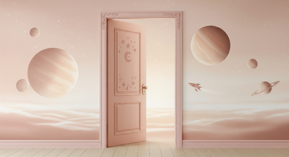 Kids-Mundo flat artwork of the pink rocket doorway space wall mural design