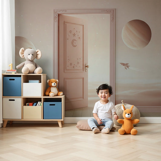 Kids-Mundo pink rocket doorway wall mural styled as dreamy nursery wallpaper