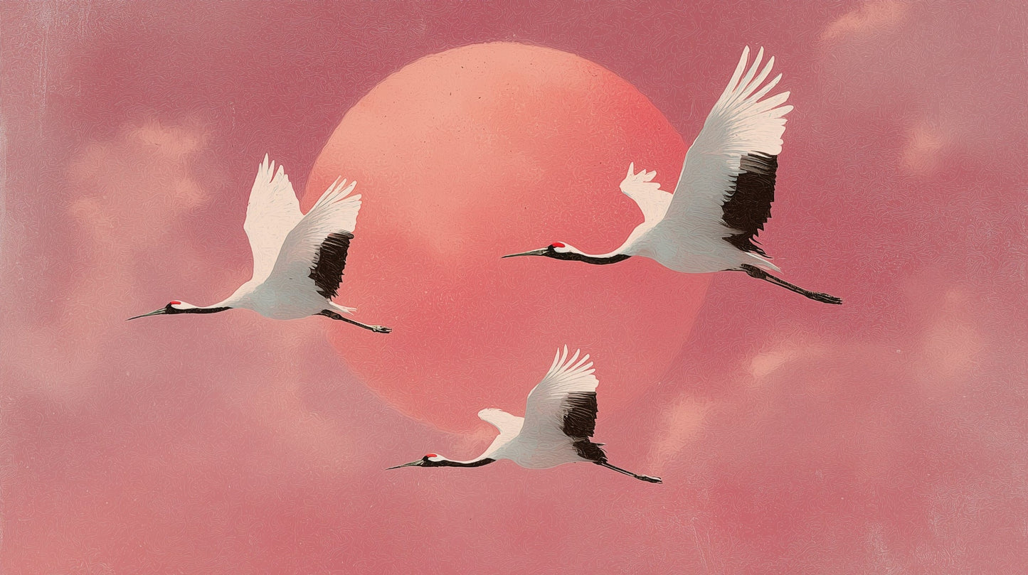 Kids-Mundo flat artwork of three cranes flying across a soft pink sunset sky design.
