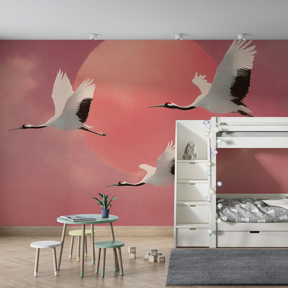 Kids-Mundo graceful cranes wall mural bringing a calm, elegant scene to a children's playroom.