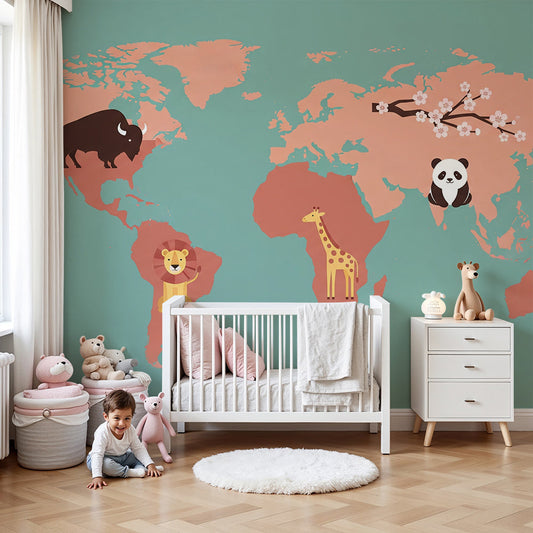 Kids-Mundo pink and teal world map wall mural in a colourful nursery with cot
