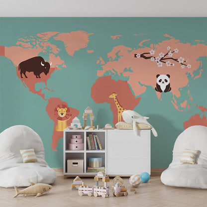 Kids-Mundo teal and pink safari world map mural in a children's playroom