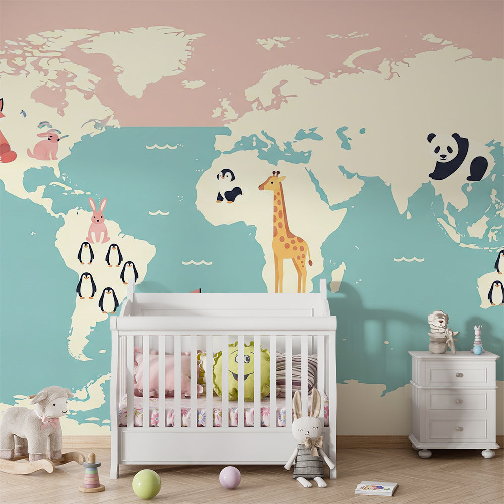 Kids-Mundo world map mural with panda and bunny on a pink kids bedroom wall