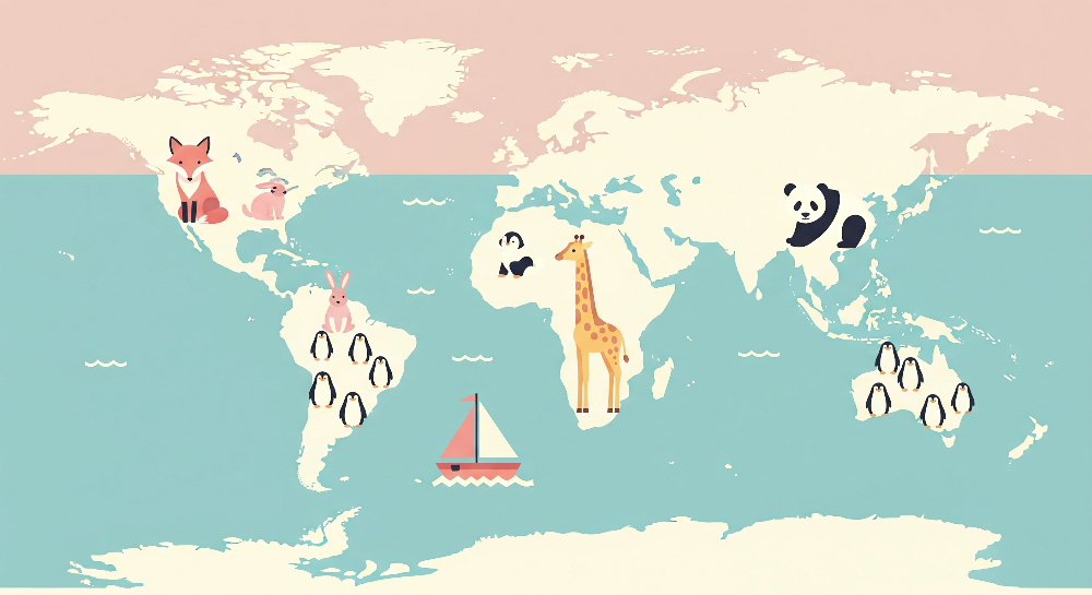 Flat artwork preview of the Kids-Mundo pink and teal world map mural with fox and giraffe