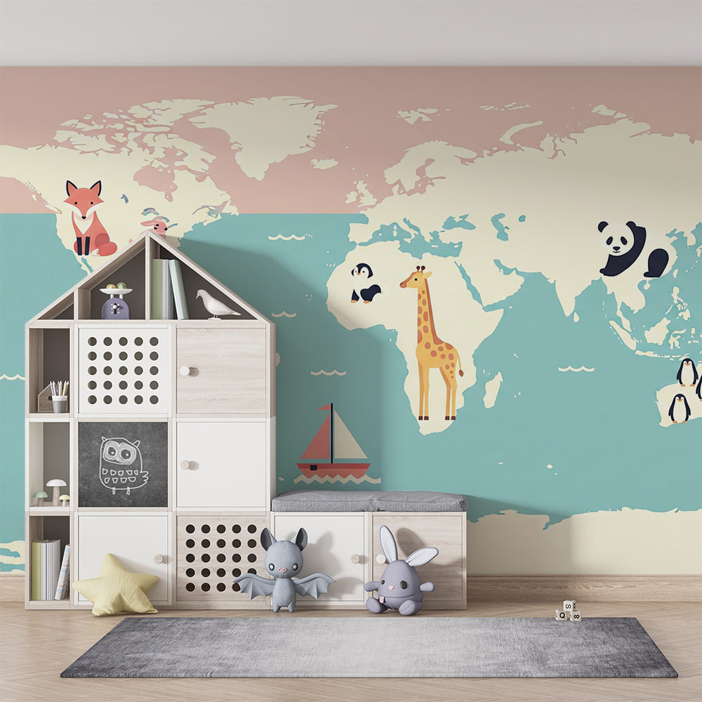 Playroom wall featuring the Kids-Mundo pink and teal world map mural with sailboat