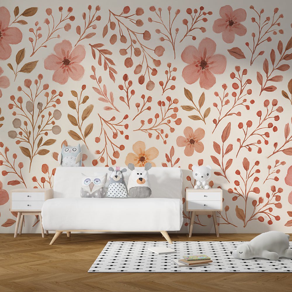 Kids-Mundo pink watercolour floral wall mural in a girl's kids bedroom