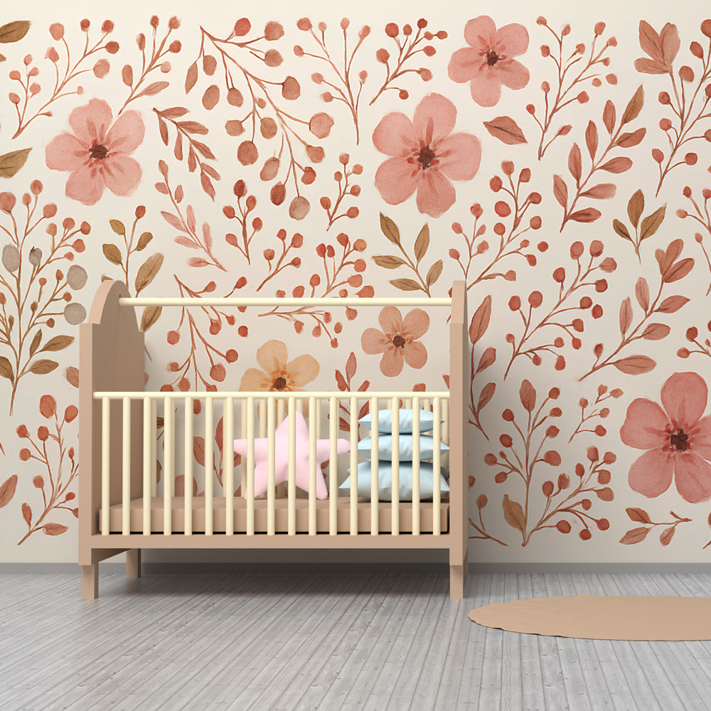 Kids-Mundo made-to-measure floral wall mural brightening a bright shared playroom