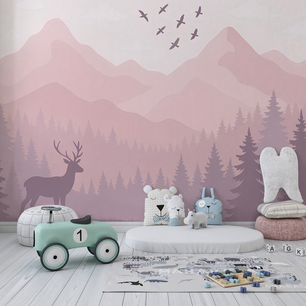 Kids-Mundo woodland deer wall mural covering a feature wall in a cosy kids bedroom with warm wood tones.