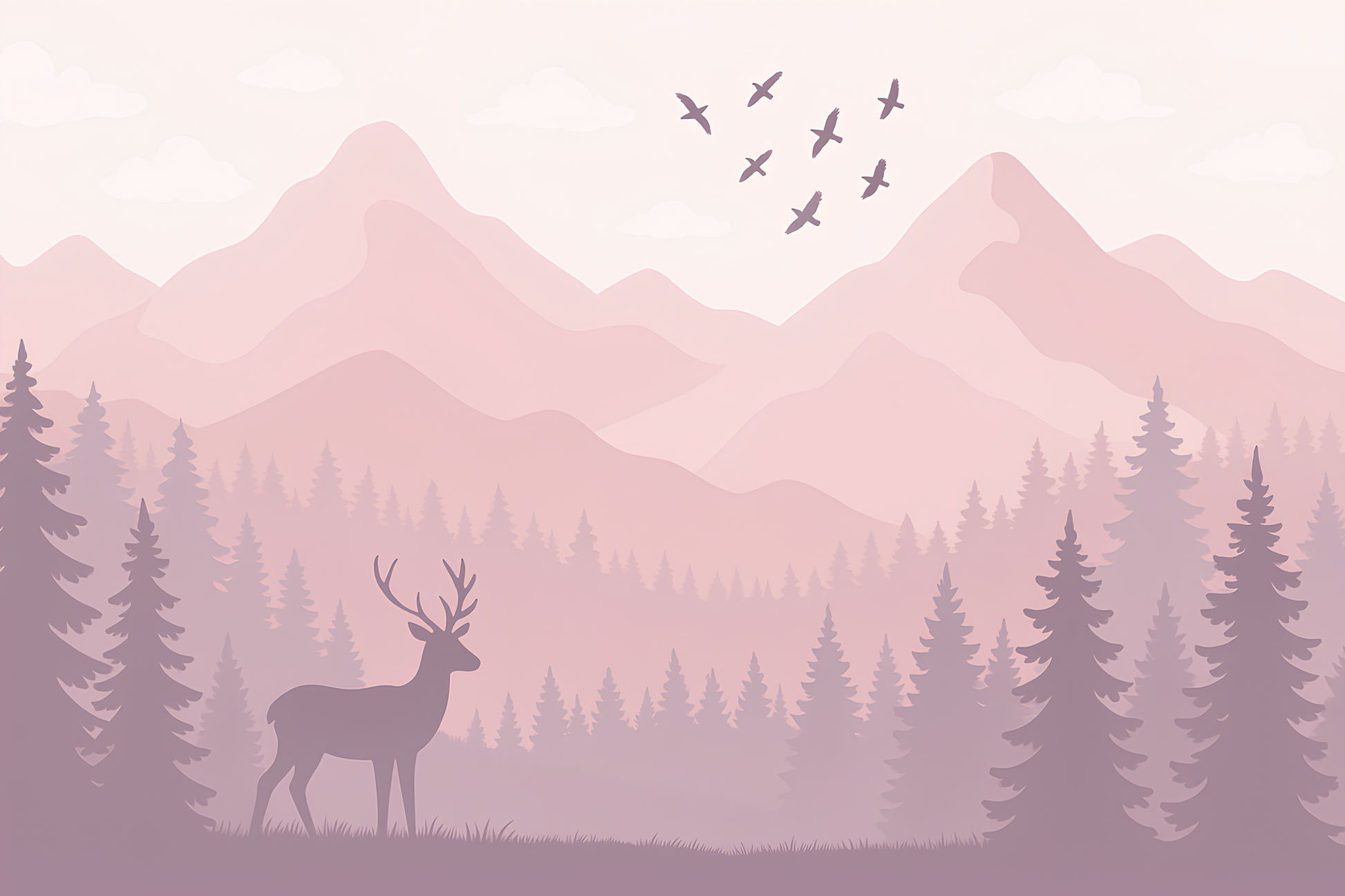 Kids-Mundo flat artwork print of the dusty pink woodland deer and mountains design.