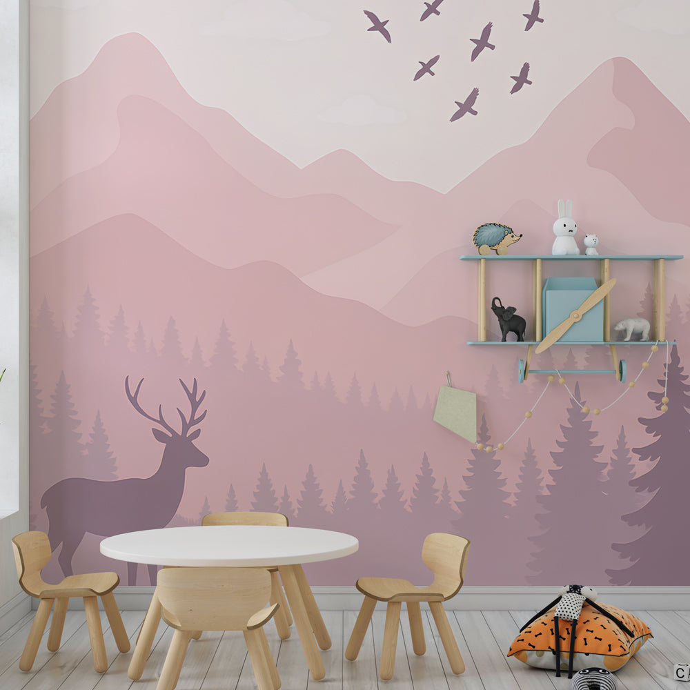 Kids-Mundo pink woodland wall mural bringing a calm forest backdrop to a bright, toy-filled playroom.