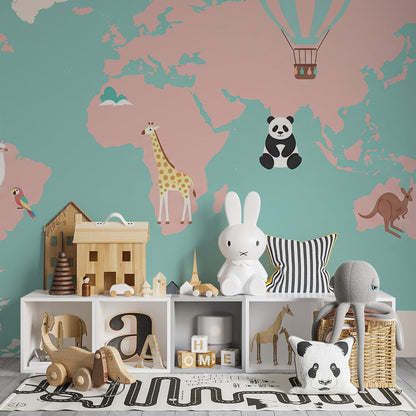 Kids-Mundo pink world map mural with hot air balloon and kangaroo on a kids bedroom wall