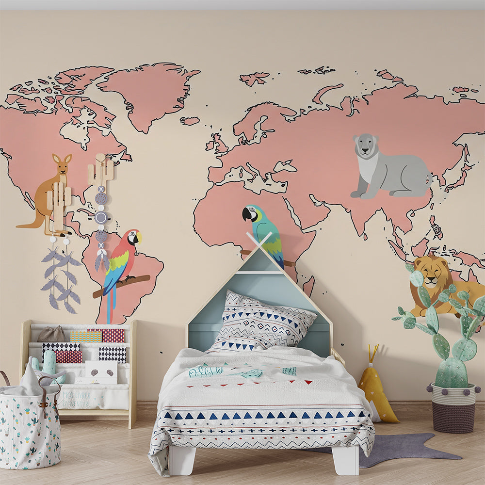 Kids-Mundo world map mural featuring lions and a macaw styled in a bright kids' bedroom