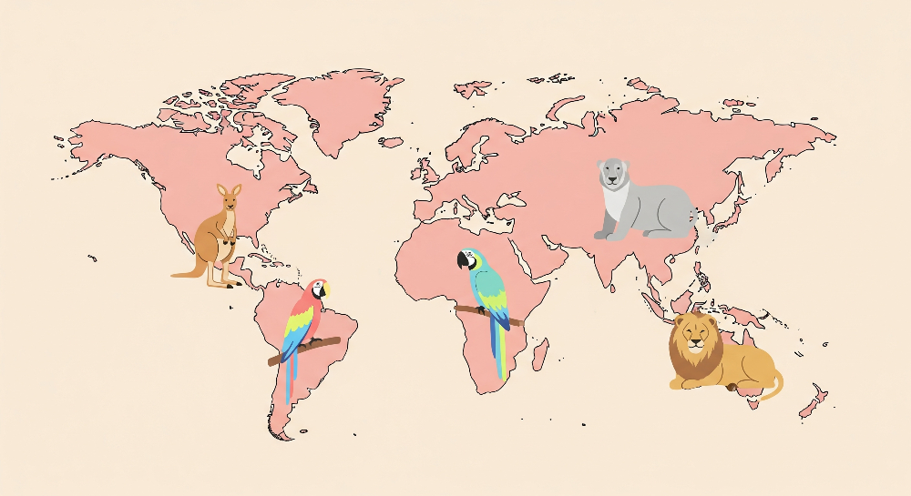 Pink World Map with Kangaroo, Macaw and Lions Wall Mural
