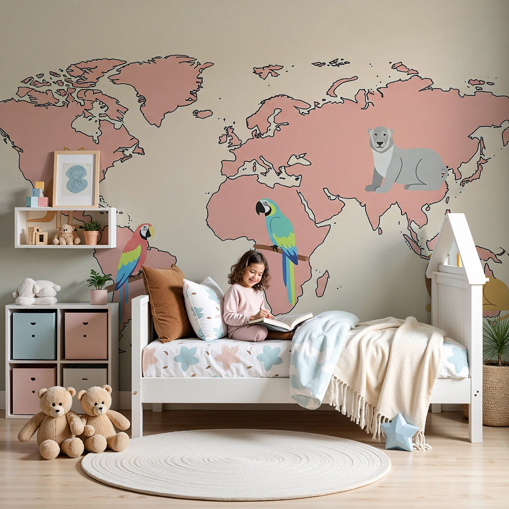 Kids-Mundo pink world map wall mural with kangaroo and macaw in a soft pastel nursery