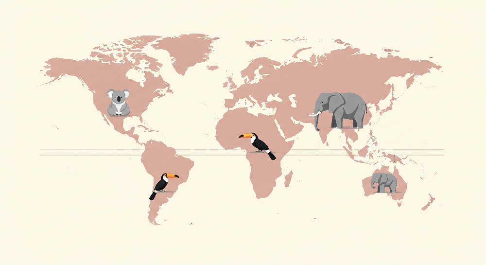 Dusty Pink World Map with Elephant and Toucan Wall Mural