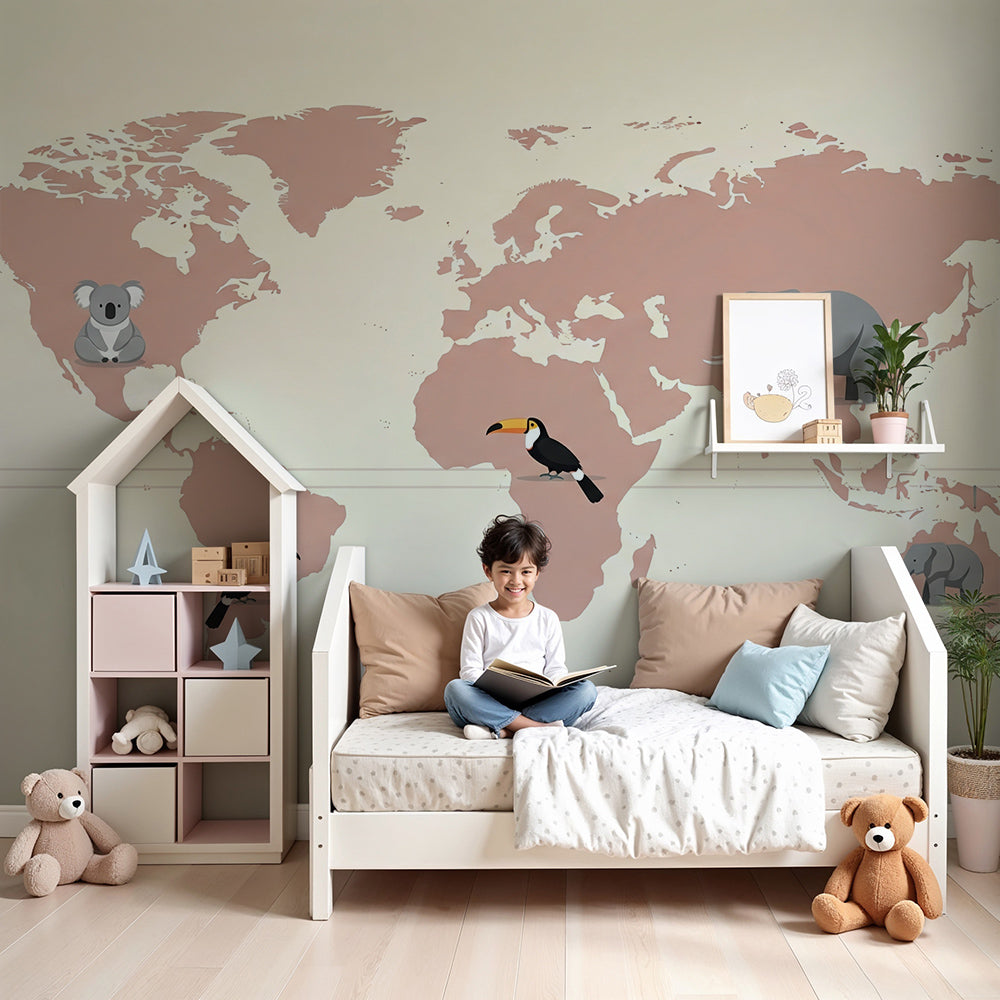 Kids-Mundo dusty pink world map wall mural with elephant and toucan styled in a soft nursery