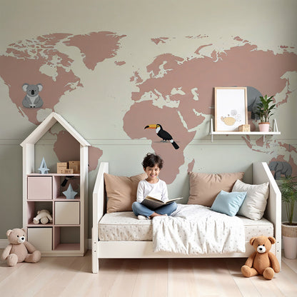 Kids-Mundo dusty pink world map wall mural with elephant and toucan styled in a soft nursery
