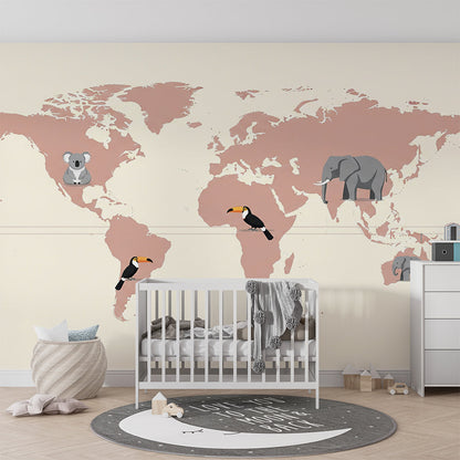 Kids-Mundo dusty pink world map wall mural bringing toucans and elephants into a children's playroom