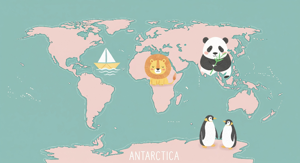 Flat artwork of the Kids-Mundo hand-drawn pink world map mural with lion, panda and sailboat