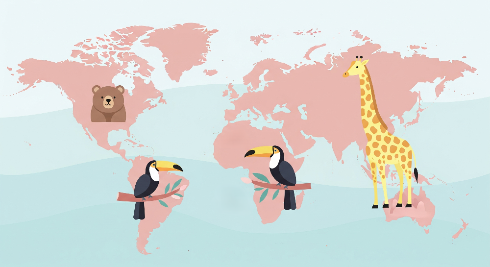Kids-Mundo pink world map artwork featuring a bear, toucans and a giraffe