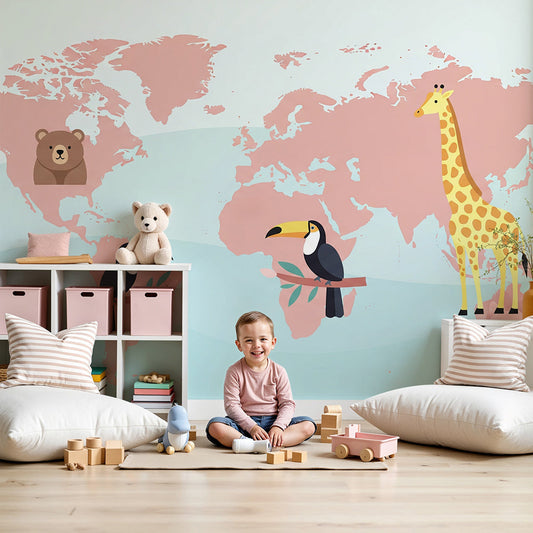 Kids-Mundo pink world map wall mural in a bright nursery with cot and toys