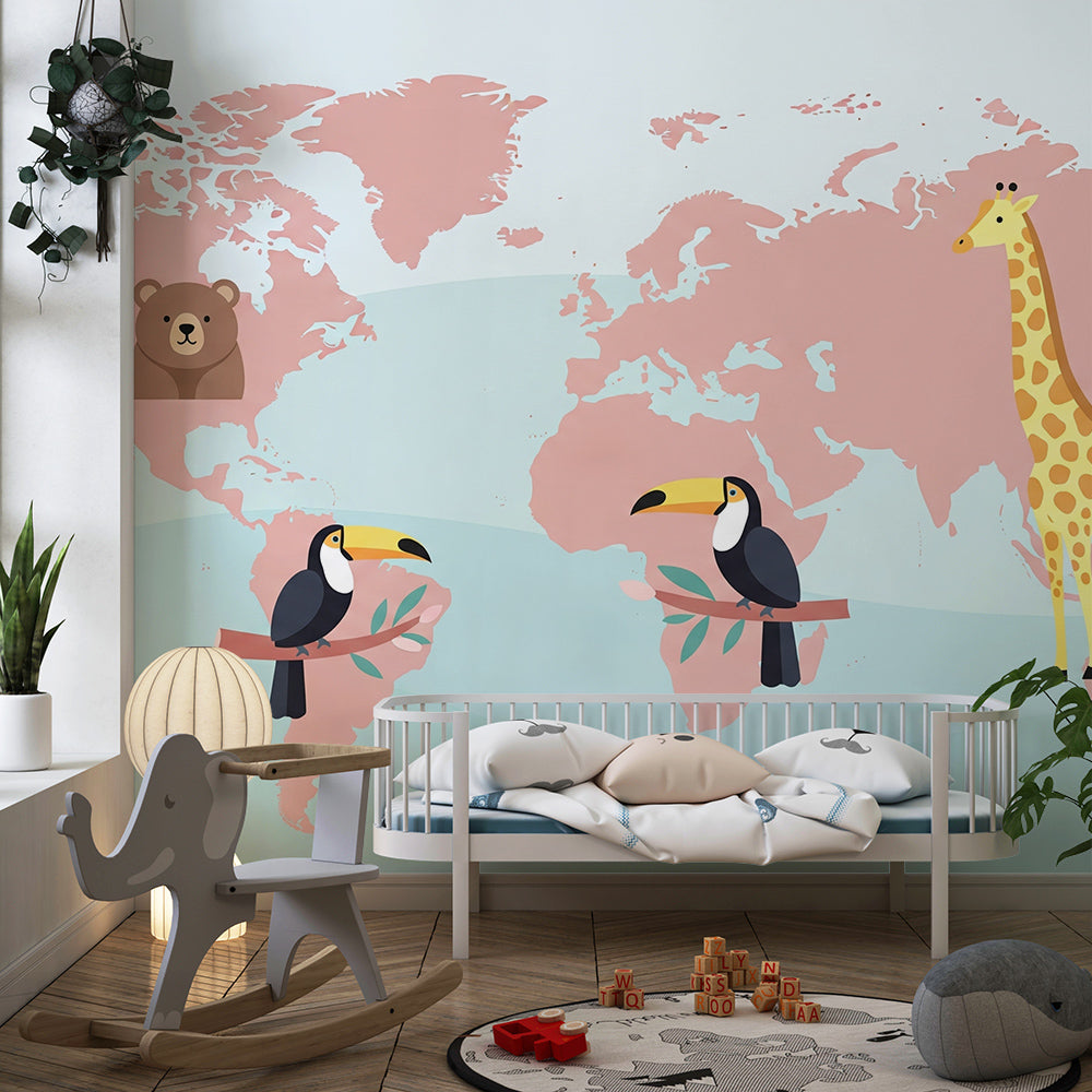 Kids-Mundo pink toucan and giraffe world map mural in a playroom setting