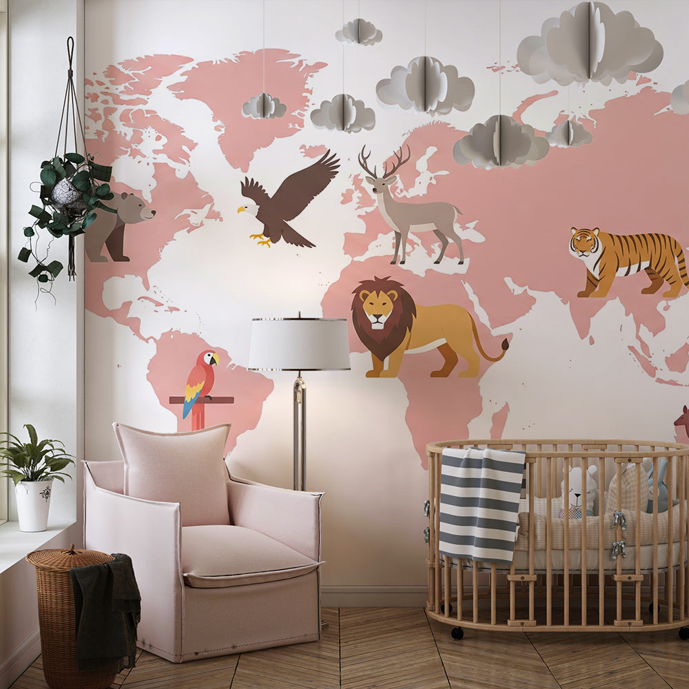 Kids-Mundo pink world map wall mural with lion and tiger motifs on a playroom feature wall