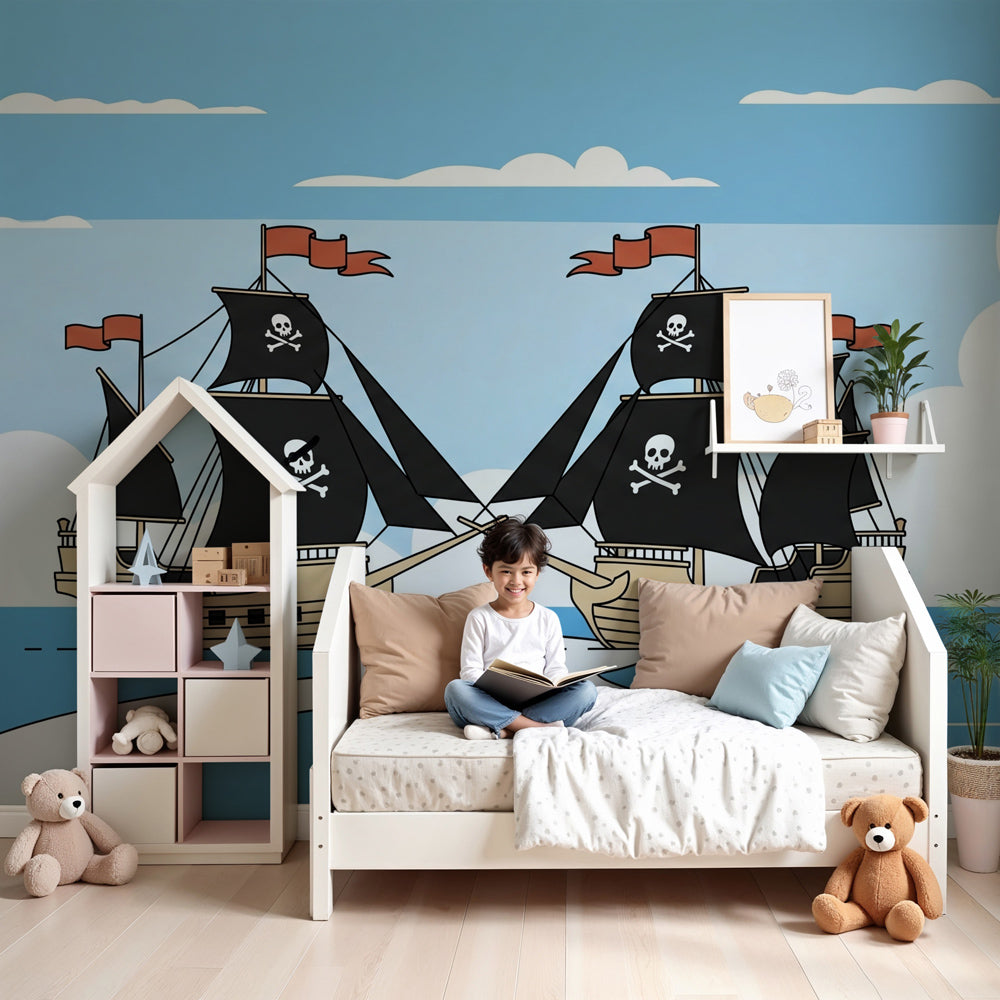 Pirate adventure mural wallpaper creating exciting ocean theme in modern kids bedroom by Kids-Mundo