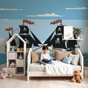Pirate adventure mural wallpaper creating exciting ocean theme in modern kids bedroom by Kids-Mundo