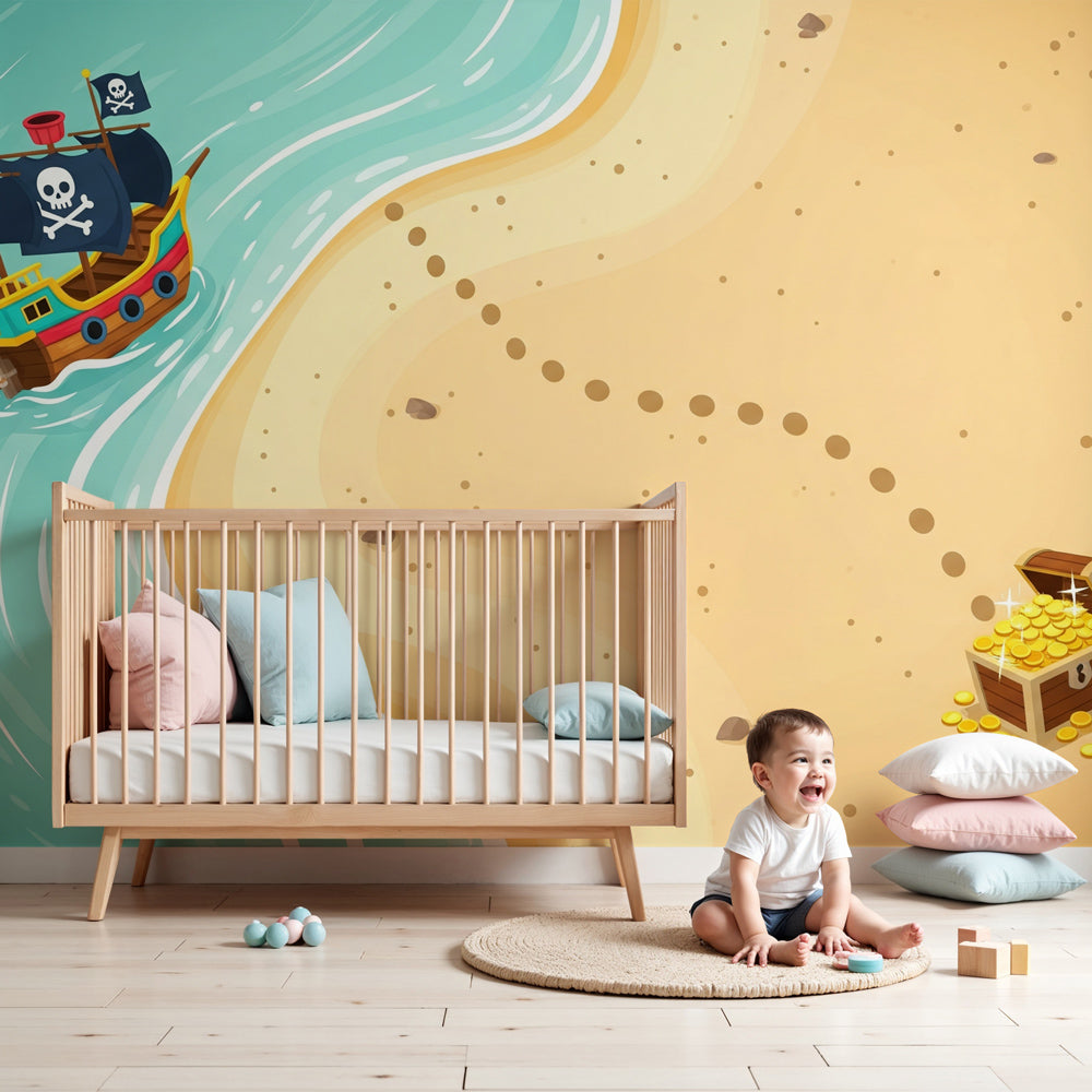 Pirate adventure mural wallpaper creating magical treasure island atmosphere in modern kids bedroom by Kids-Mundo