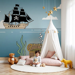 Pirate adventure mural wallpaper with underwater treasure in modern kids bedroom by Kids-Mundo