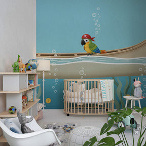 Underwater pirate theme mural wallpaper creating maritime adventure atmosphere in children's bedroom