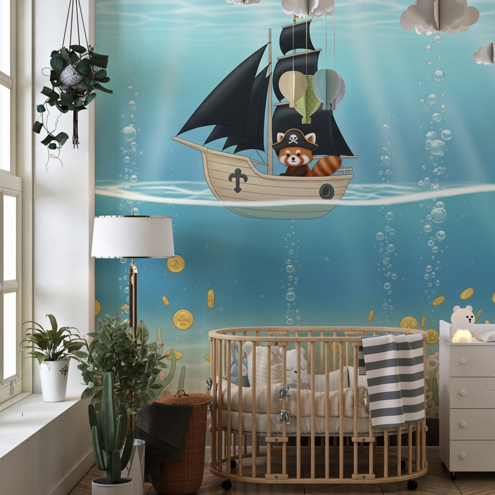 Ocean themed pirate wallpaper with red panda captain creating magical kids bedroom decor