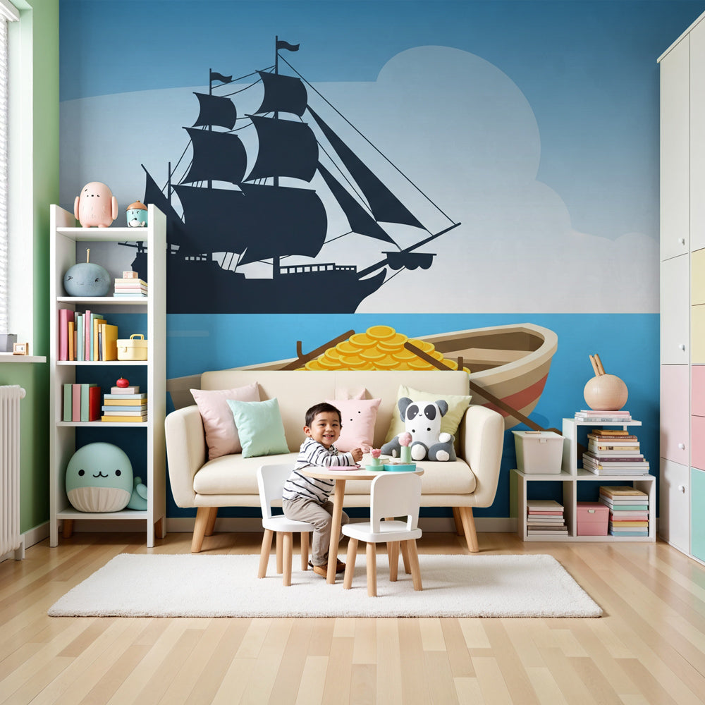 Pirate adventure mural wallpaper creating exciting treasure hunt theme in children's bedroom by Kids-Mundo