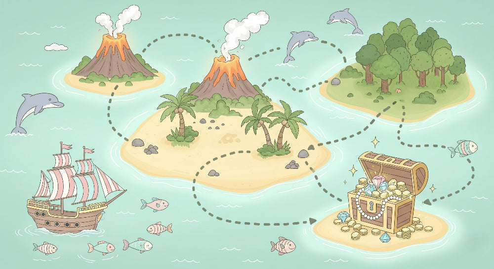 Detailed pirate adventure mural wallpaper design pattern with treasure islands by Kids-Mundo