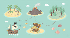 Detailed pirate adventure mural wallpaper design pattern showing treasure island and ship by Kids-Mundo