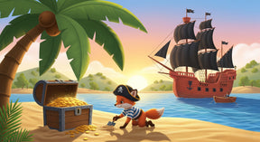 Detailed pirate fox treasure hunt mural wallpaper design pattern with tropical island scene by Kids-Mundo