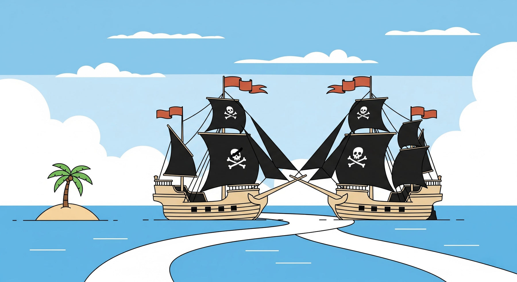 Detailed pirate ships and ocean island mural wallpaper design pattern by Kids-Mundo
