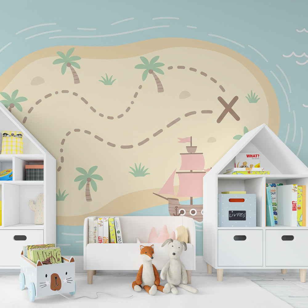 Treasure island pirate wallpaper creating magical kids bedroom decor with ship and palm trees