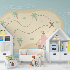 Treasure island pirate wallpaper creating magical kids bedroom decor with ship and palm trees