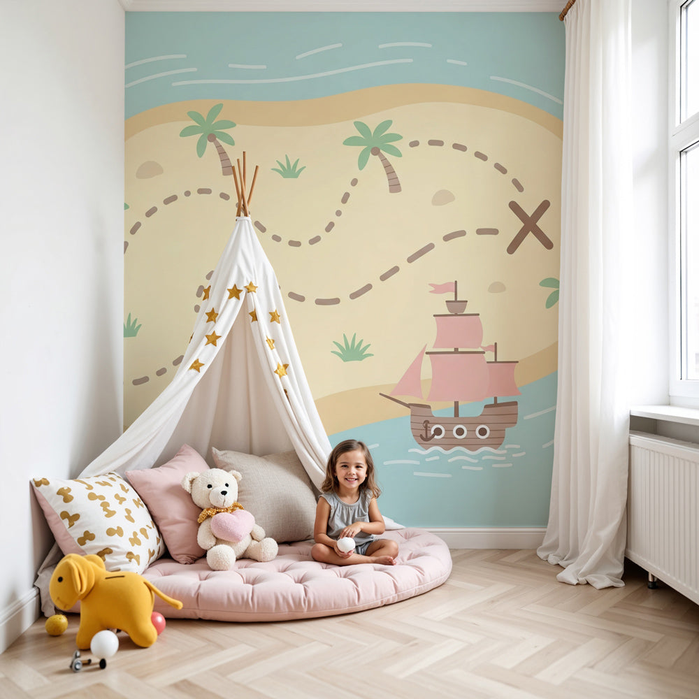 Pirate adventure mural wallpaper in modern nursery with treasure island theme by Kids-Mundo