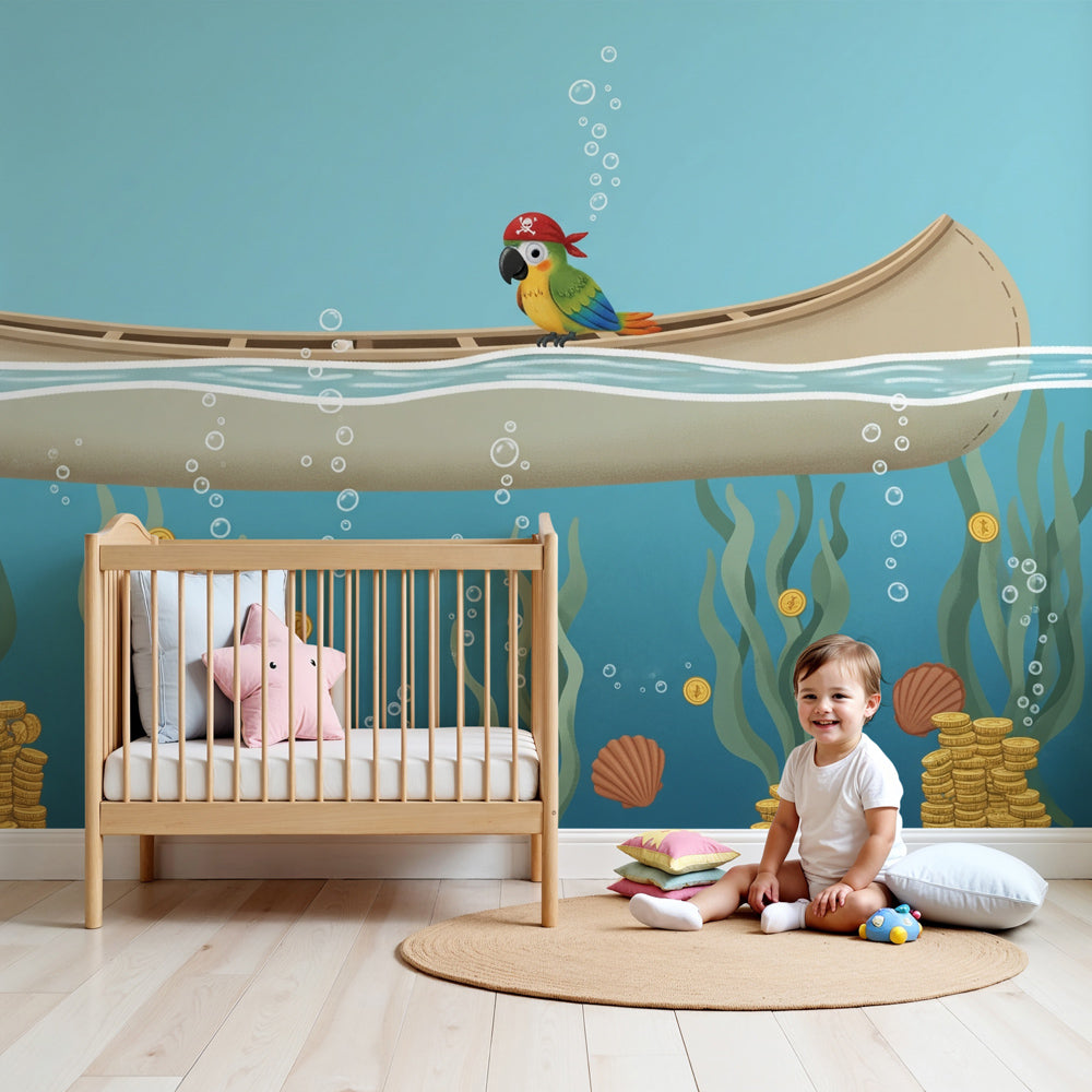 Pirate adventure underwater mural wallpaper with parrot in modern kids nursery by Kids-Mundo