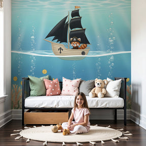 Underwater pirate adventure mural wallpaper featuring red panda in modern nursery by Kids-Mundo