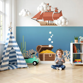 Pirate adventure mural wallpaper with underwater treasure theme in modern kids nursery by Kids-Mundo