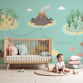 Pirate adventure mural wallpaper creating magical treasure island theme in modern nursery by Kids-Mundo
